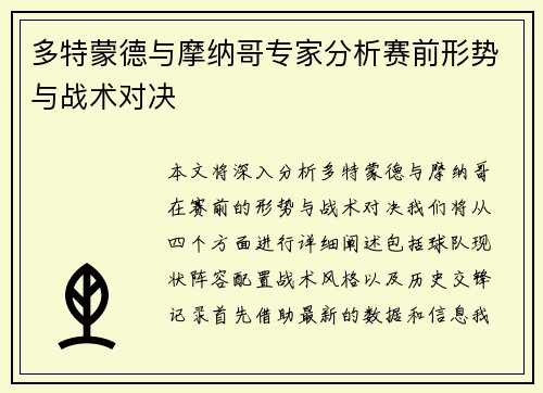 多特蒙德与摩纳哥专家分析赛前形势与战术对决